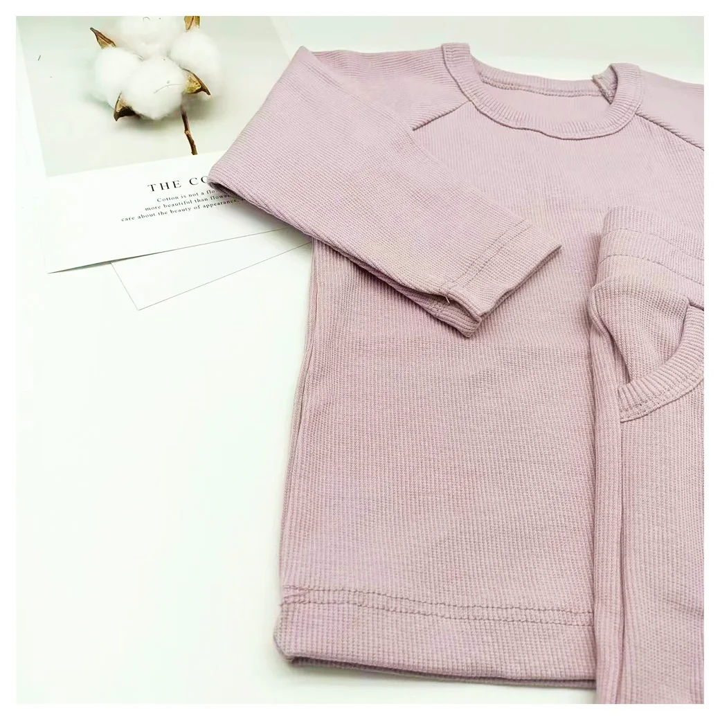 Autumn Infant Pink Color Girls Long Sleeve O-Neck Ribbed Cotton Children Pajamas Clothes