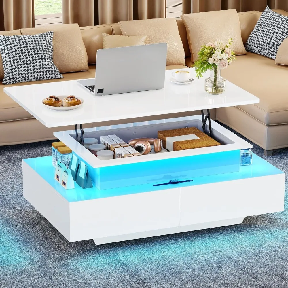 LED Lift Top Coffee Tables for Living Room, High Glossy Coffee Table with Storages 4 Spacious Drawers, Modern Rectangular Coffee 6