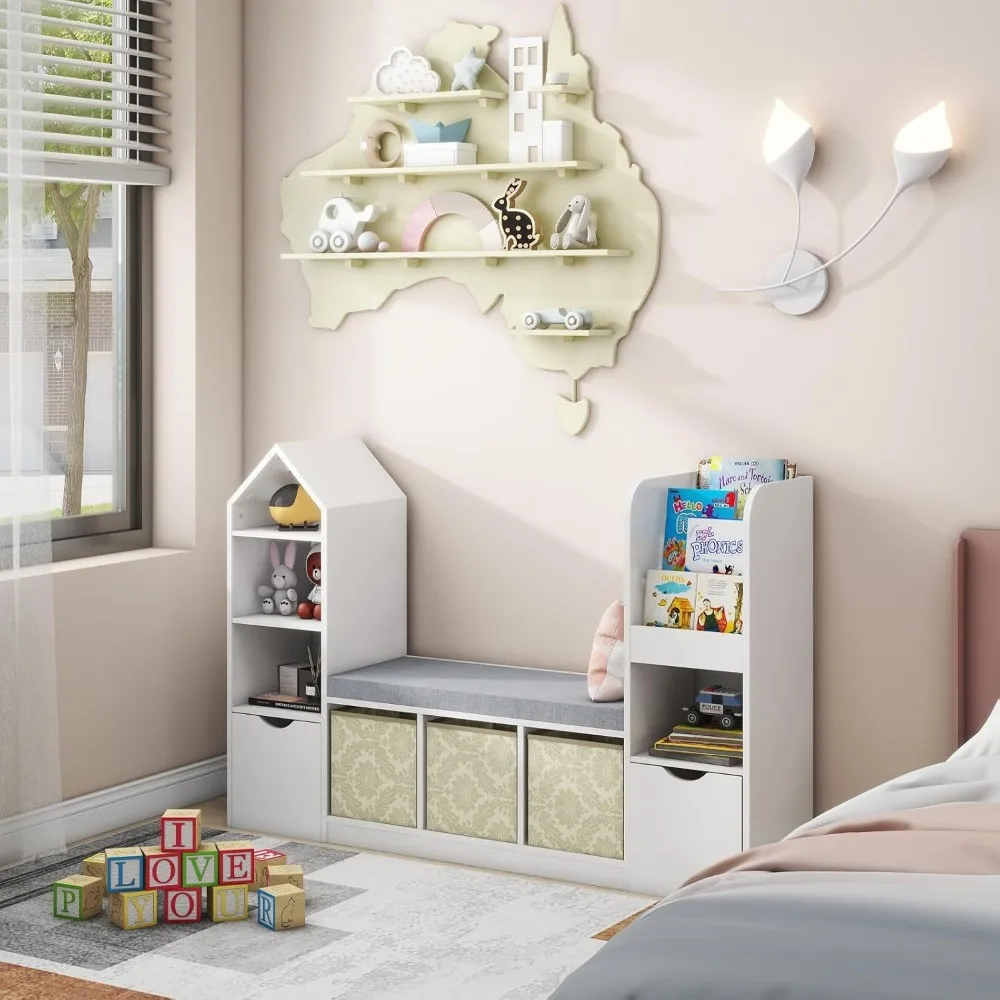 Kids Bookcase and Bookshelf with Reading Nook, Multifunctional Bookcase with 7 Storage Cubbies 2 Movable Drawers 6