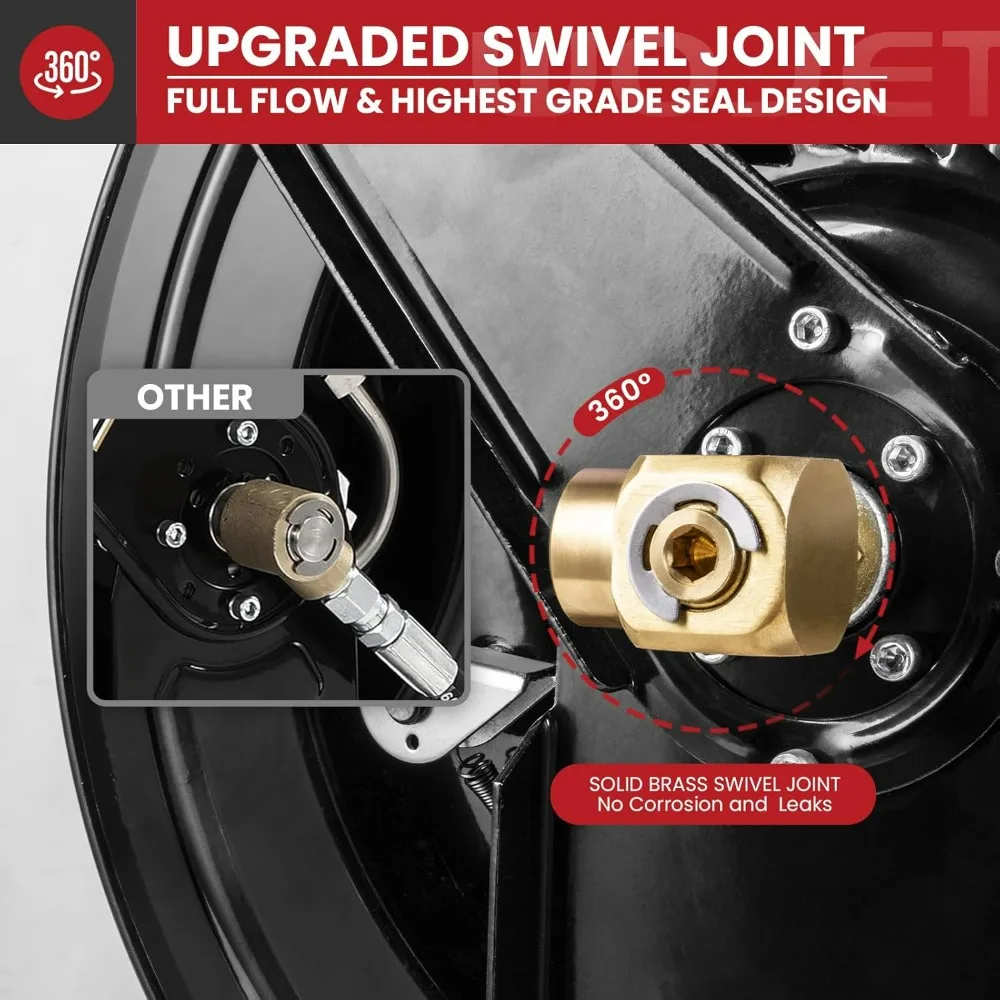 50-Foot Retractable Hose Reel for Pressure Washers, 3/8-Inch Diameter, Suitable for Water, Air, and Oil, Heavy-Duty Steel Constr