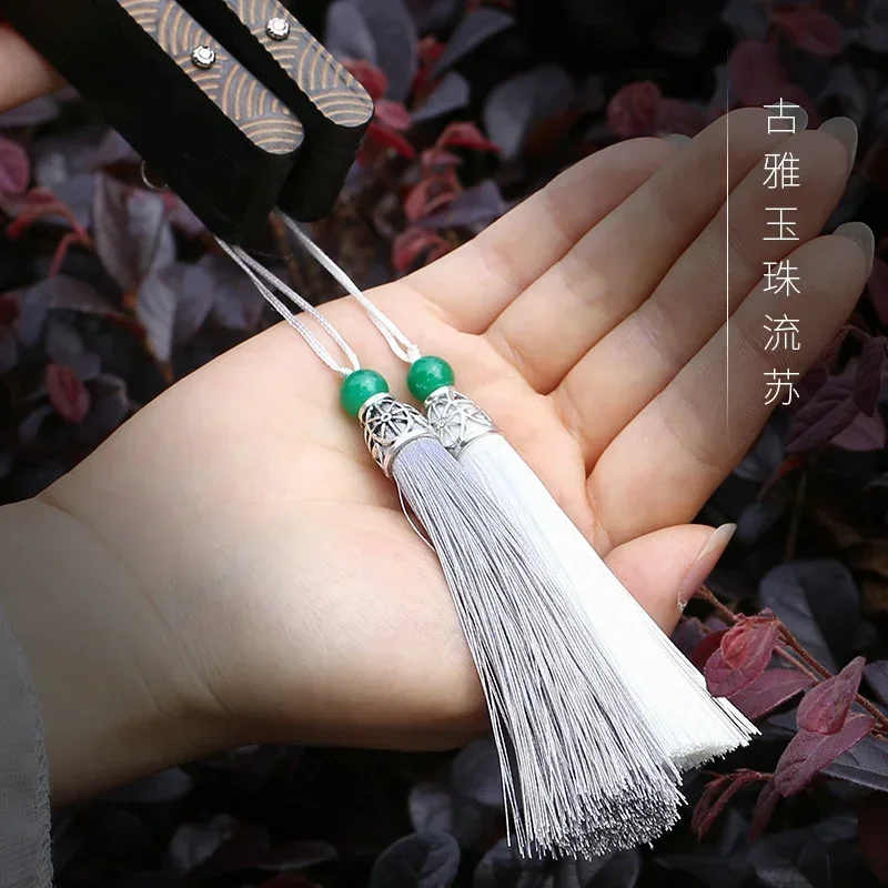 New Chinese Style Hand Fan Cloud Pattern Carved Gold Sprinkling Waterproof Raw Silk Antique Tassel Men And Women Dance Fans