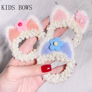 KIDS BOWS Sweet Pearl Hairbands for Girl Cartoon Cat Ear Bow Tie Hair Ring Soft Plush Kids Headband Cute Hair Accessories