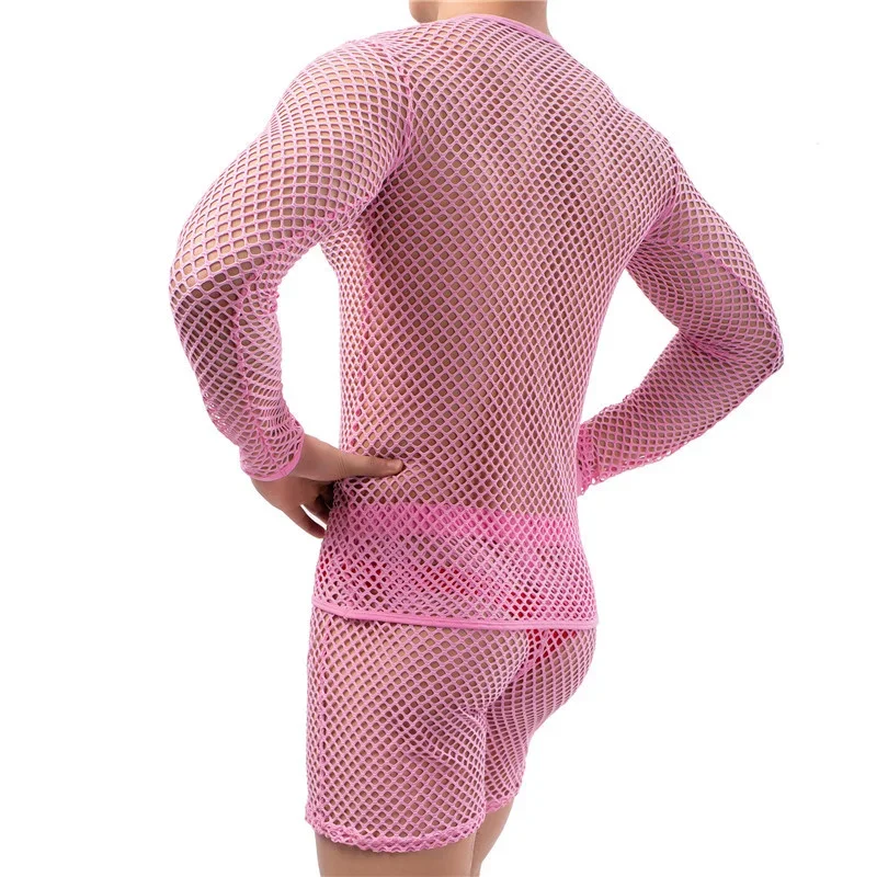 Men's Mesh Tops Long Sleeve T-shirts Hollow Out Mesh Shirts Lingerie Sexy Boxer Underwear Erotic Porno Nightwear Men Clothes Set