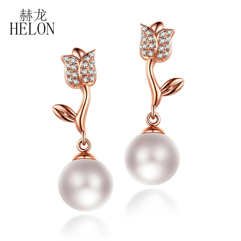 

HELON 8mm Fresh White Water Pearls Vintage Jewelry Women Studs Earrings Solid 14K Rose Gold Wedding Natural Diamonds Earrings