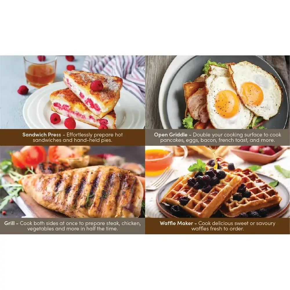 4-in-1 Multi-Function Electric Grill Waffle Maker Panini Press Non-Stick Plates Portable & Safe Cleaning Recipe Book Included 3