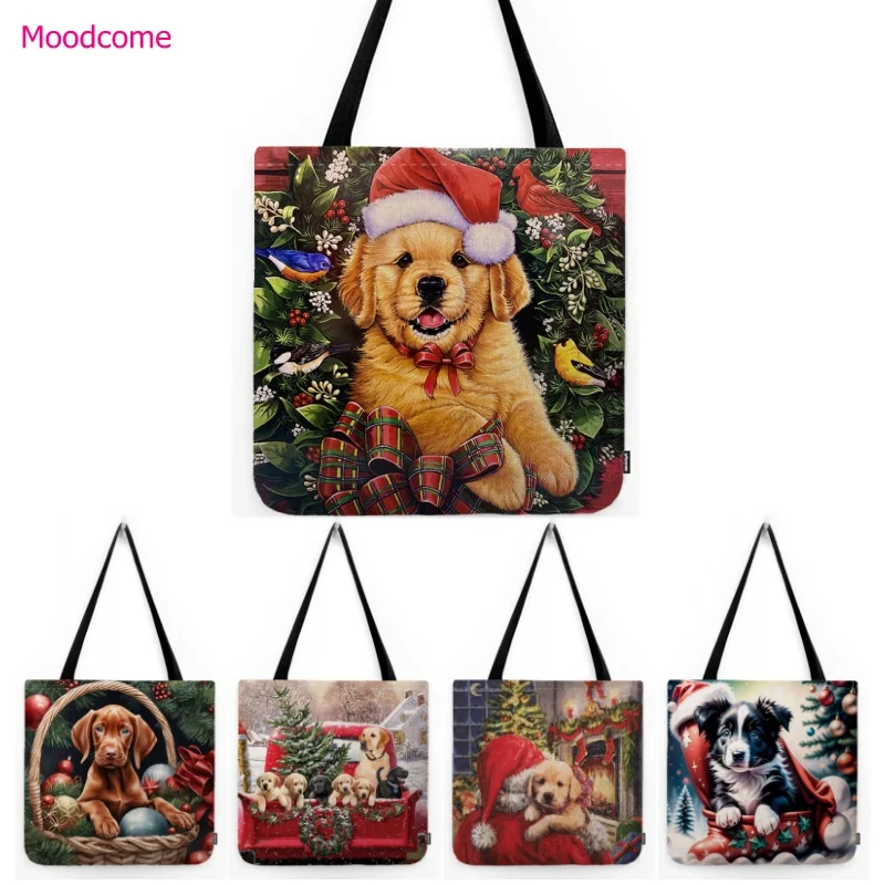 

Lovely Dog with Christmas Hat Santa Clause Water Resistant Cotton Linen Shoulder Bag Foldable Cute Puppy Xmas Tote Bag