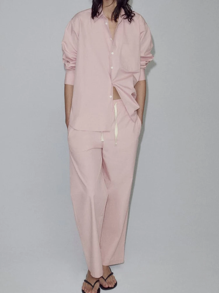 

Solid Pants Sets For Women 2 Pieces Lapel Long Sleeve Button-up Shirts Drawstring Long Pant Woman Suit Casual Simple Outfits New