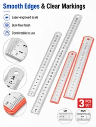 Stainless Steel Double - Sided Ruler Set with Protective Sleeves - 3 Pieces (15cm, 20cm, 30cm) for School and Office Use (3 pcs)
