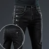 New Men Slim Button Black Skinny Jeans Solid Color Stretch Skateboard Multi-button Youth Male Denim Pants