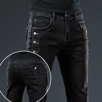 New Men Slim Button Black Skinny Jeans Solid Color Stretch Skateboard Multi-button Youth Male Denim Pants