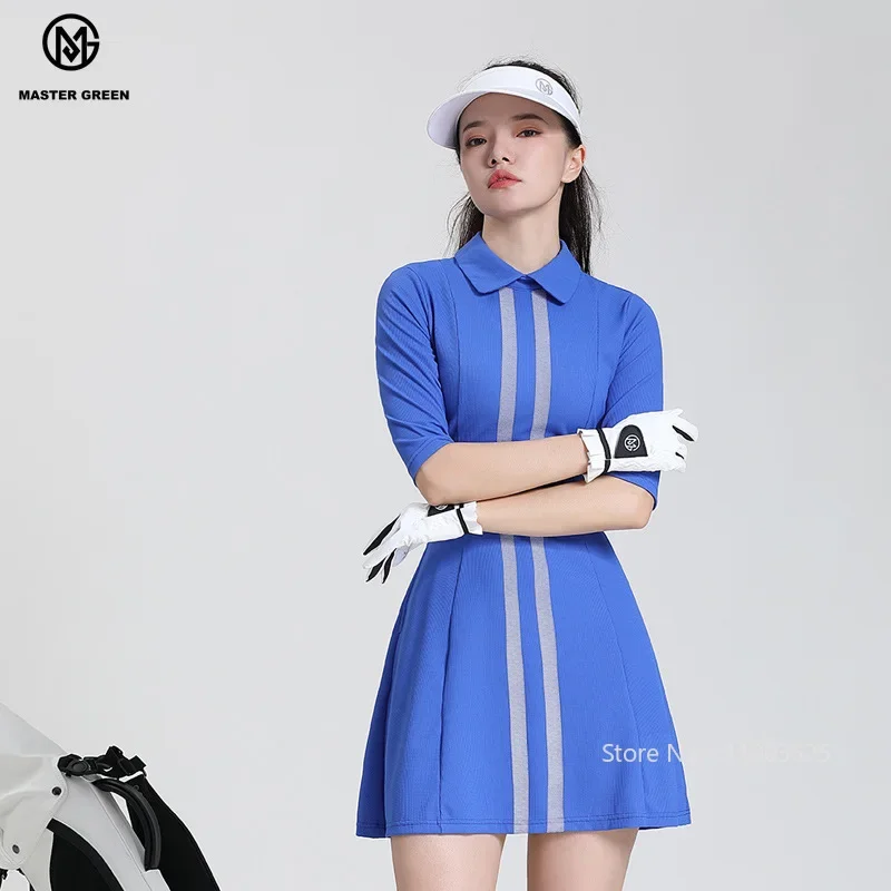 MG Golf Polo Dress Women Half Sleeves A-lined Dresses Slim High Stretch Quick Drying Stripe Skirt Lady Tennis Golf Apparel