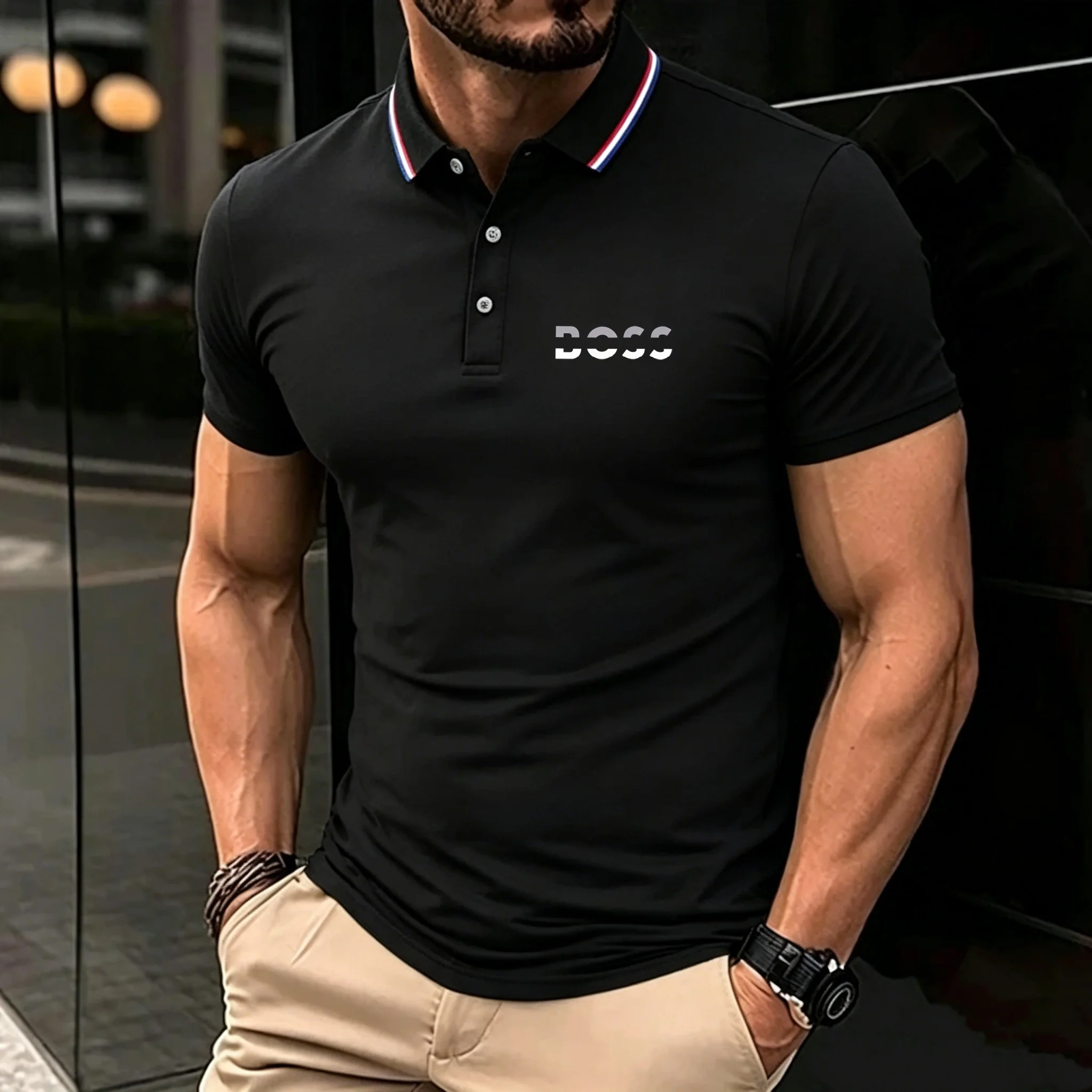 Herrenmode, atmungsaktiv, mit Buchstabenmuster, Poloshirts, farbig gestreifter Kragen, kurzärmelige Oberteile, trendiges, vielseitiges, tägliches Business-Casual-T-Shirt