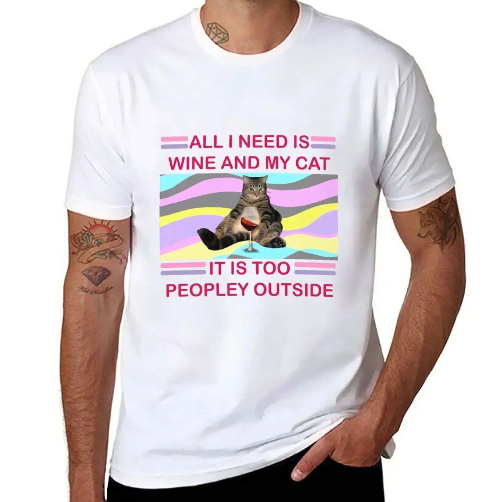 

All I need is wine and my cat It is too peopley outside T-Shirt aesthetic clothes hippie clothes Short sleeve tee men