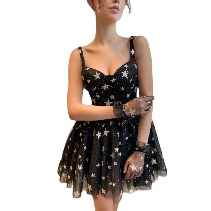 

Party Party Short Dress Wrapped Chest Suspenders Sexy Elegant Sweet Dress Black Starry Sky Printed Lace Mesh Skirt 2023 Summer