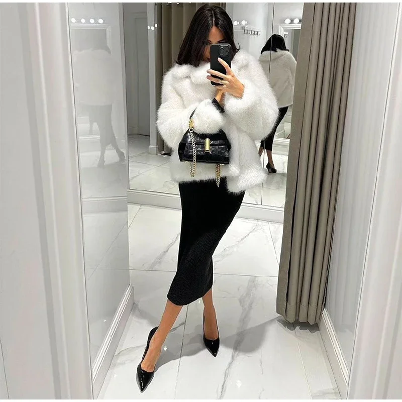 Fluffy Faux Fur Coat Women Elegant Loose Lapel Plush Long Sleeve Buckle Thick Jacket Autumn Winter Solid Warm Overcoat New