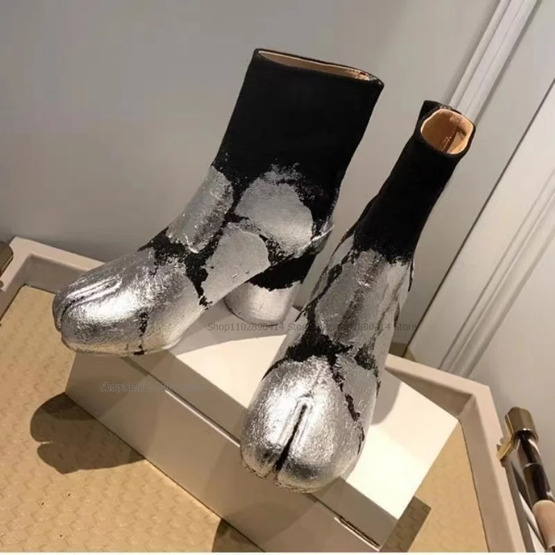 

Silver Foil Splash Ink Design Horse Hoof Boots Mid Calf Slip On Women Shoes Chunky High Heels Fashion 2023 Zapatos Para Mujere