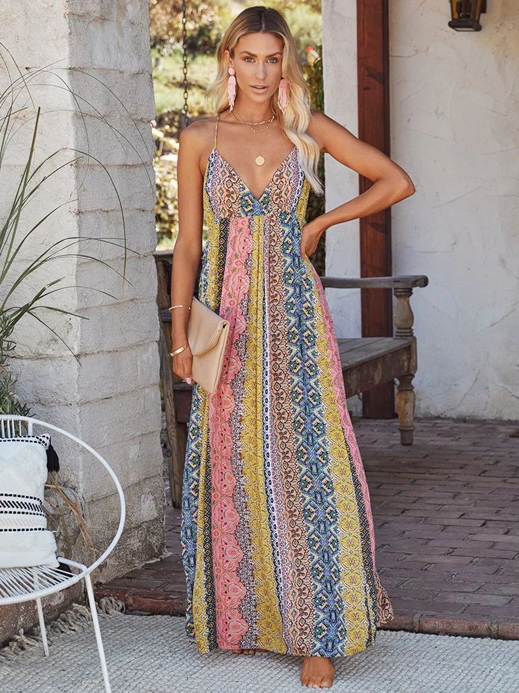 

Women's Bohemian Long Printed Dress, V-Neck, Summer Spaghetti, Beach Dress, Midi Dresses, New, Casual