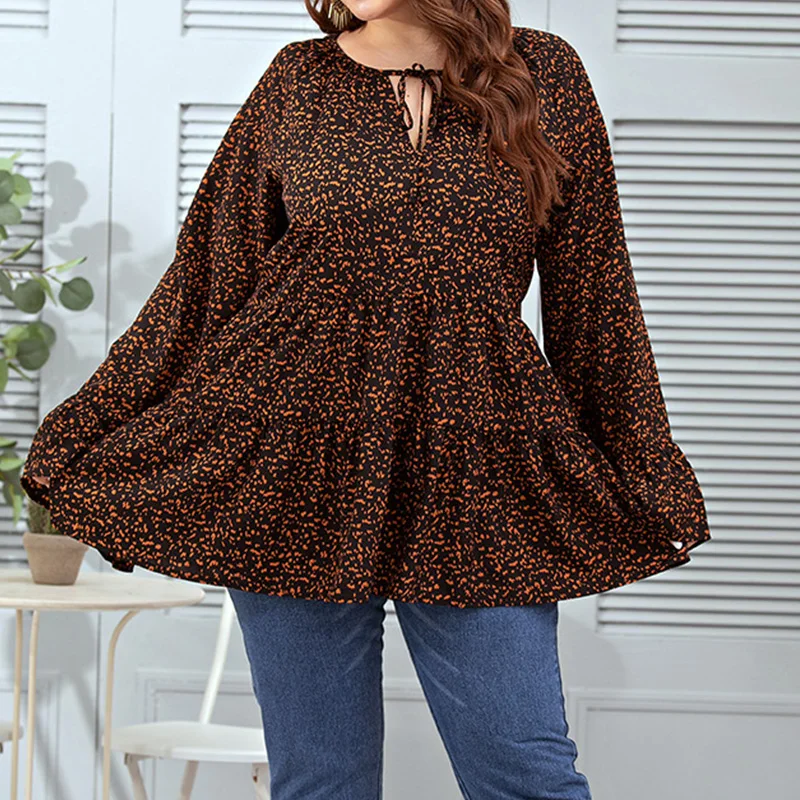 Elegant Leopard Printing Loose T-Shirt V-Neck Bandage Long Flare Sleeve Autumn Casual Pullover Midi Tops Women Plus Size Clothes