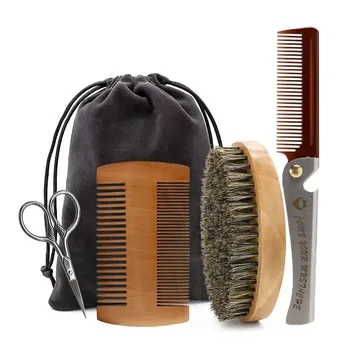 Set di pennelli da barba da uomo con setole di cinghiale, barbiere portatile, spazzola per barba naturale, pettine, forbici per lo styling per la pulizia del viso 1