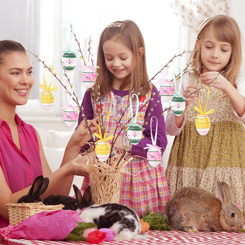 12pcs/bag Easter Eggs Happy Easter Party Plastic Egg Pendant for Home Tree Hanging Ornaments Kids Gift Basket Filler Decoration