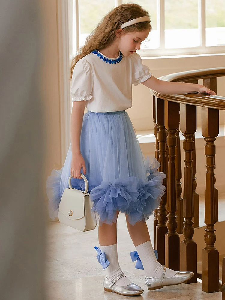 Baby Girls Skirts Spring Summer Kids Dresses Flower Blue Gauze