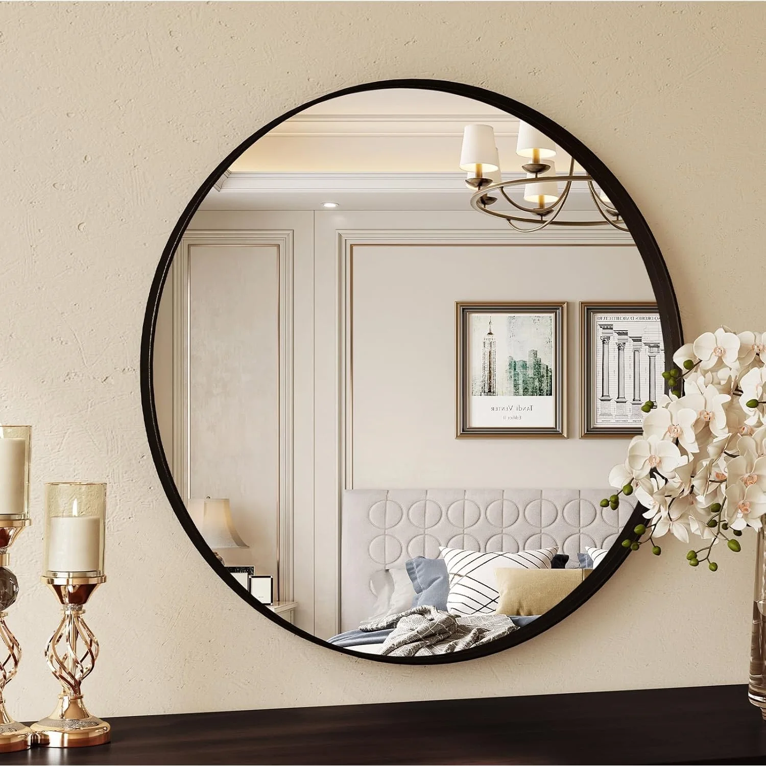 Wall Mirror with Black Brushed Metal Frame for Bathroom Bedroom Entrance Wall Decoration,Round Bathroom Mirror 60x60 / 80x80cm