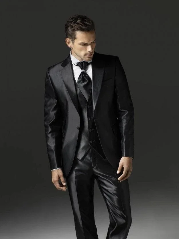 

Luxury Black Stain Handsome 3 Piece Suits Groom Tuxedos For Wedding Formal Prom Blazer High Quality The Stage Show Costume Homme