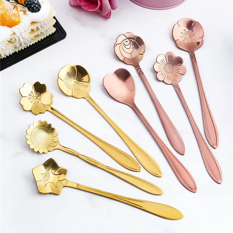 

8Pcs Flower Spoon Set Small Teaspoon Coffee Spoon Cute Ice Cream Dessert Spoon Silver Gold Stainless Steel Spoon For Coffee Tea