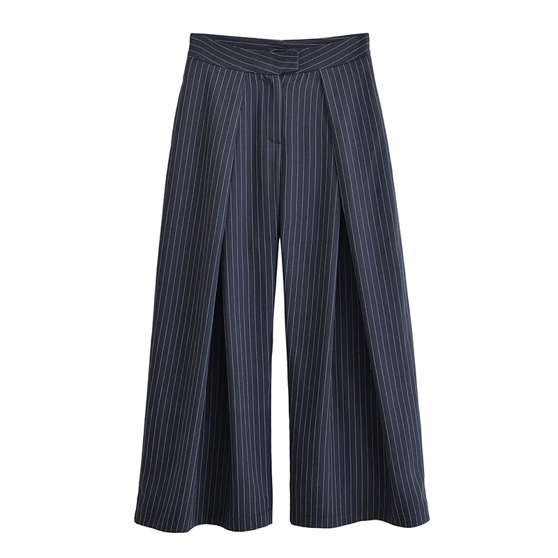Fashion Stripe Pleated Wide Leg Pants For Women Elegant Pockets High Waist Long Trousers 2025 Autumn Lady High Street Chic Pants