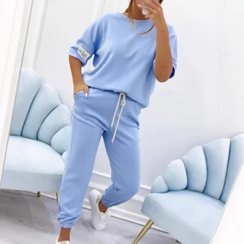 Oversized Loose Shirt Sets Two Pieces Sale Casual Letter Print T-shirt& Drawstring Waist Straight Sweapant Suits NMD-20260318001 1