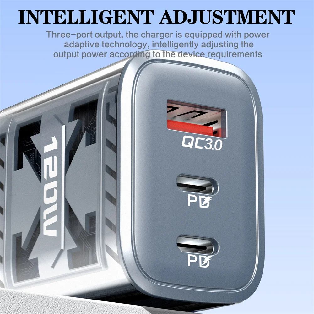 120W 3 Ports USB C Charger PD Fast Charging Charger Power Adapter Type C Quick C