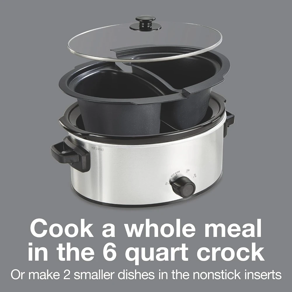 Double Dish Slow Cooker with 6qt Crock and Dual 2.5qt Nonstick, Dishwasher Safe Pot, Slow Cooker 2
