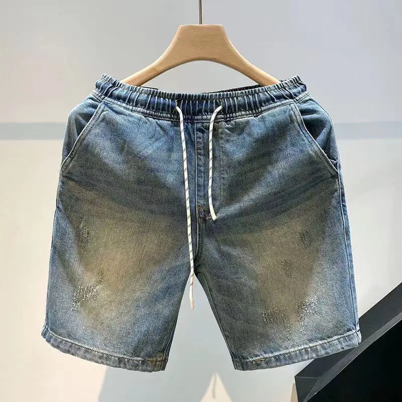 Summer Jeans Shorts Men Jeans Denim Pants Denim Shorts American Casual Loose Three-quarter Drawstring Straight Pants