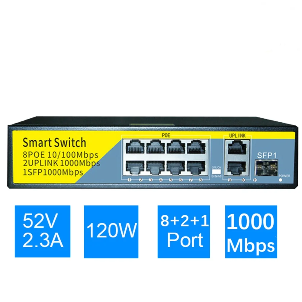 

Гигабитный коммутатор 8 портов 100 Мбит/с POE коммутатор + 1000 Мбит/с Uplink + SFP Ethernet коммутатор 52 в внутренний сетевой выключатель питания для ip-камер
