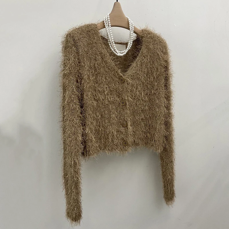 Dongda Gate Autumn 2024 Pure Color Long Sve Fluffy Knitted Cardigan Women's Top Trendy Commute Sle Slim Fit Korean Version