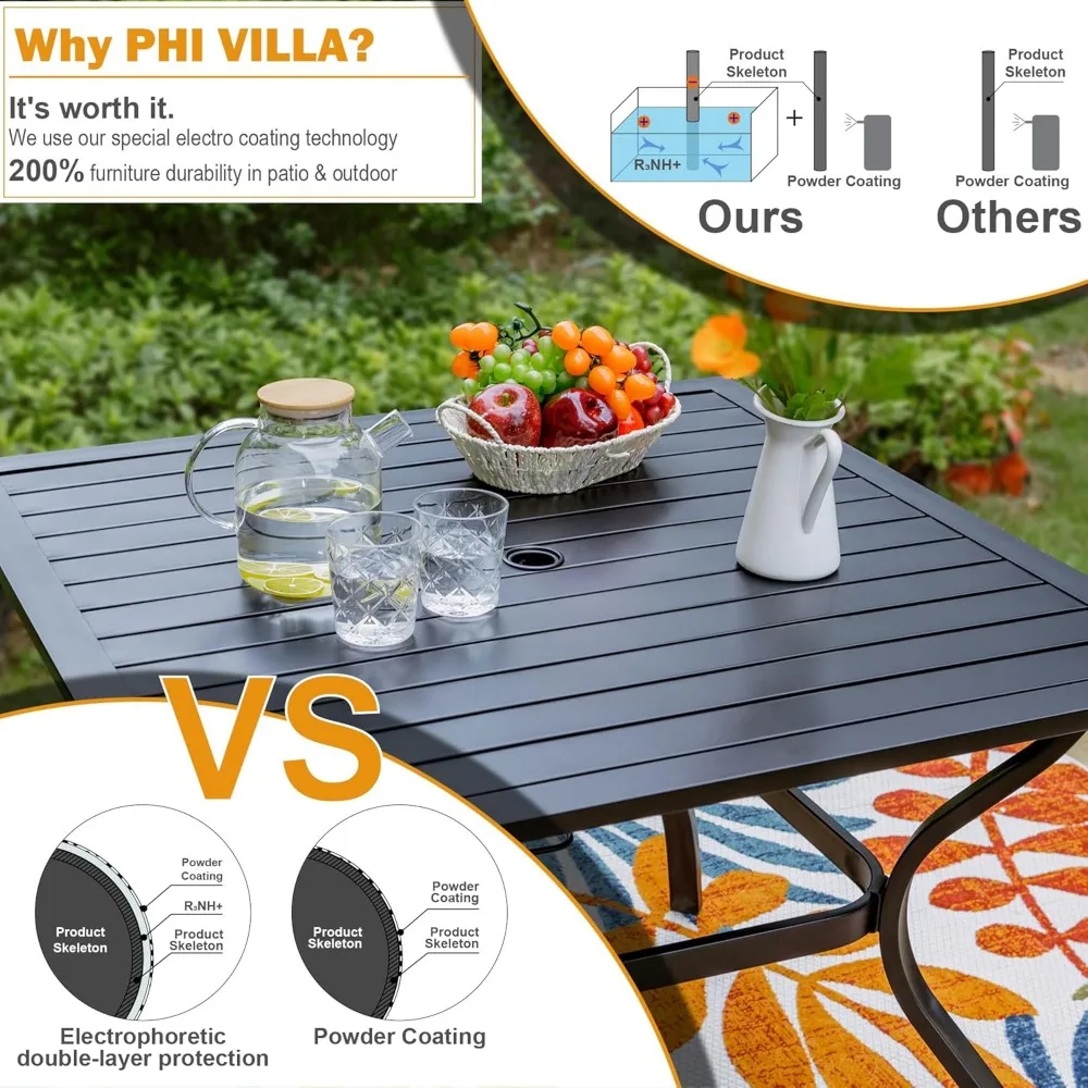 PHI VILLA 37 Patio Table for 4 Metal Outdoor Dining Table with E coating Square Steel Slated Outdoor Table