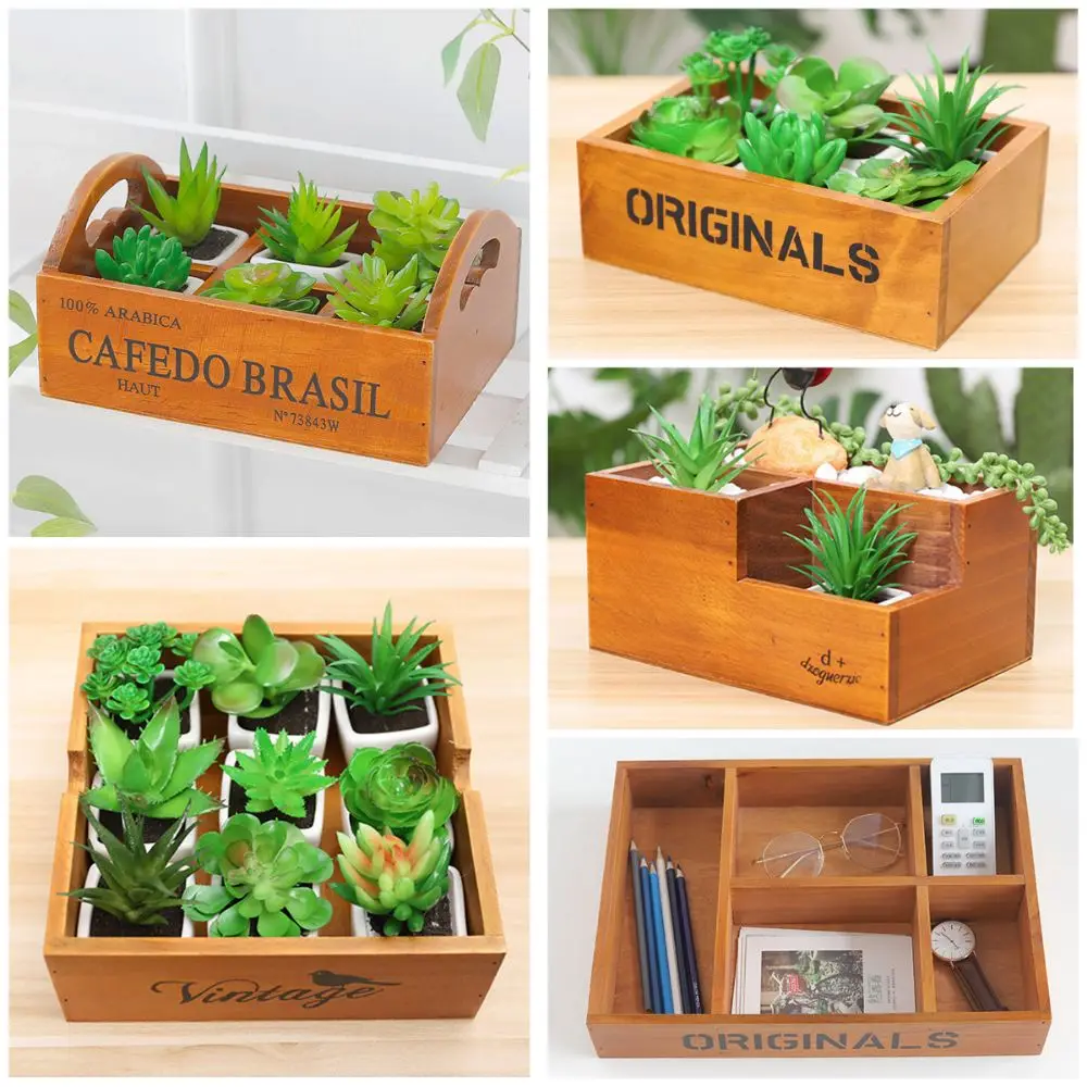 Description Picture 2 of itemHigh Quality Multifunctional Succulent Flowerpot Wooden Vintage Storage Box Jewelry Display Pallet Bonsai Holder Pen Container
