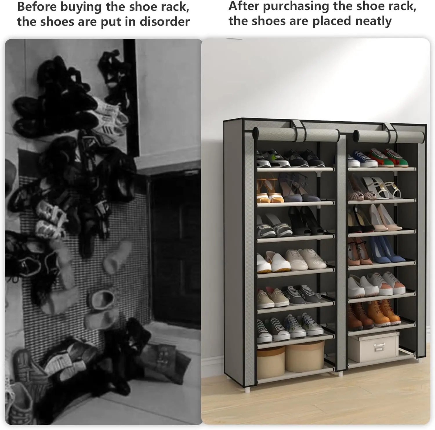 7-Tier Double Row Shoe Rack with Large Capacity, Holds 28 Pairs, Dustproof Cover, Easy Assembly for Home Storage