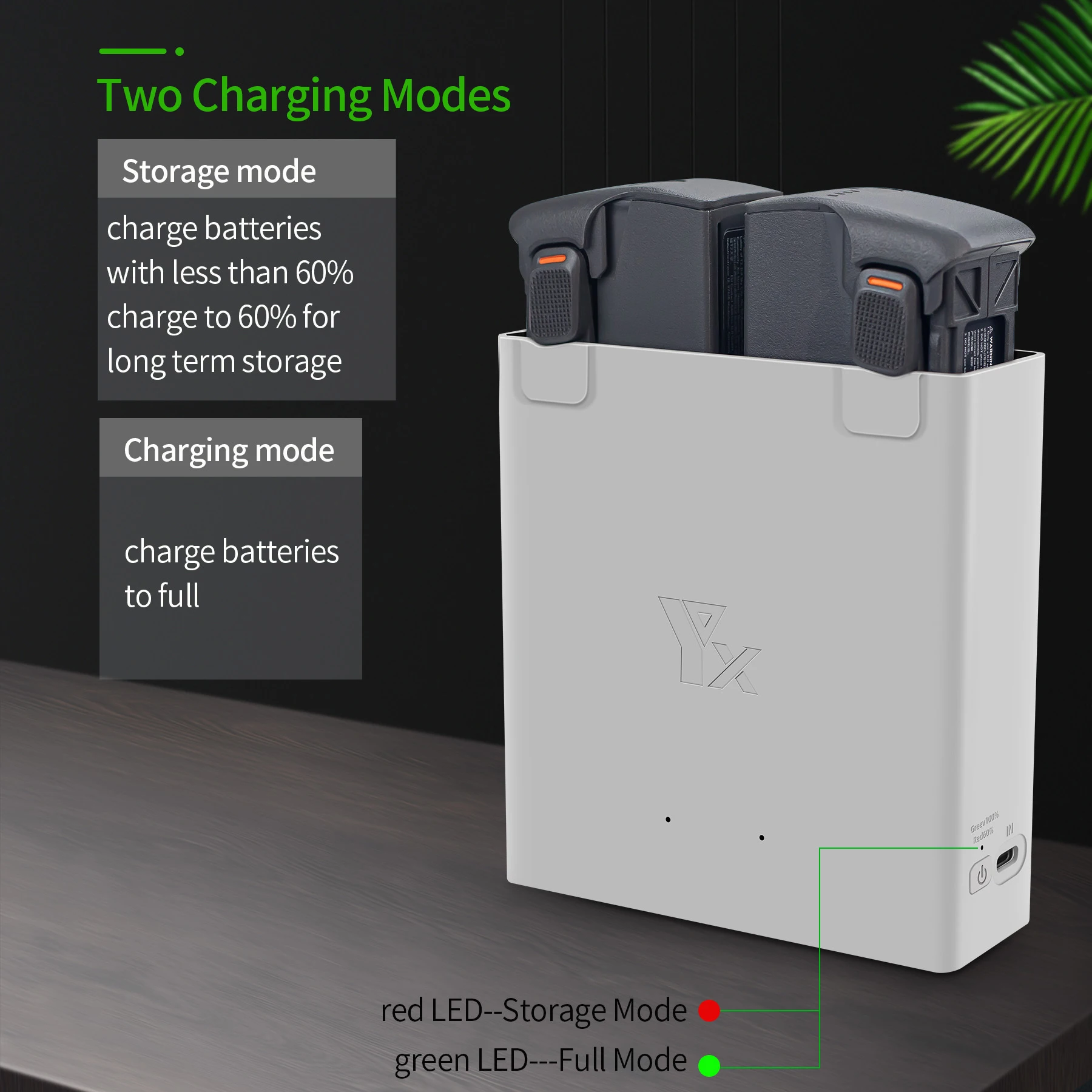 Chargeur Batterie DJI Avata 2 ouvert, montrant les emplacements pour deux batteries et les indicateurs LED