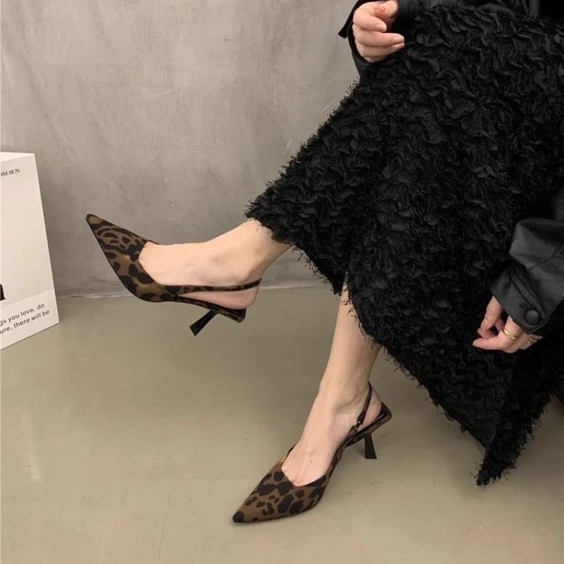 Shoes Woman 2024 Trend Pointed Leopard Print Shoes Summer High Heels Temperament Short Heels Single Shoes Fashion Sexy Sandals