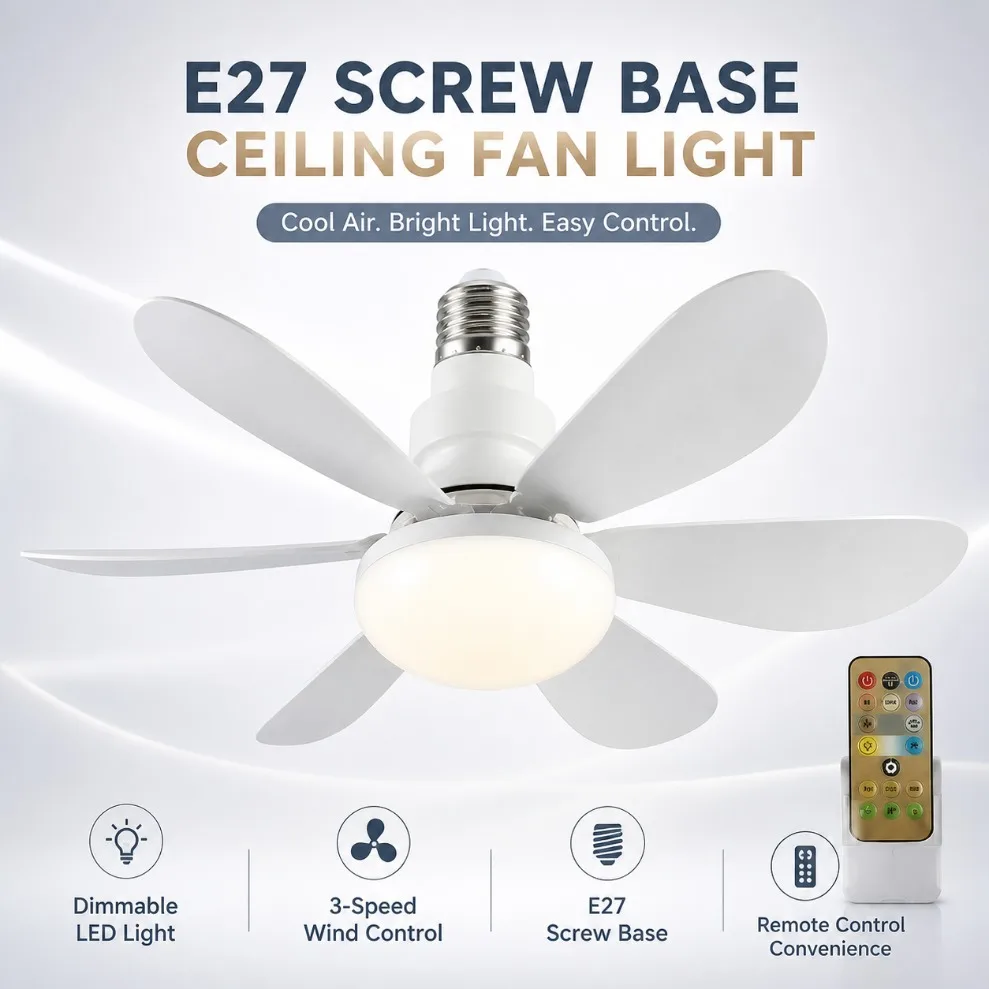 Remote-Controlled LED Ceiling Fan Light, Dimmable, 40W-30W E27, Ideal
