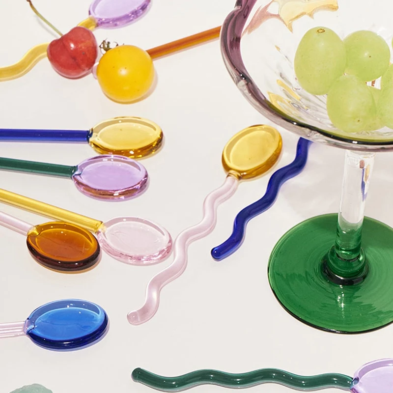 Colored Glass Spoons Home Transparent Glass Mixing Spoons For Fruit Juice Coffee Iced Beverage Mixing Tableware