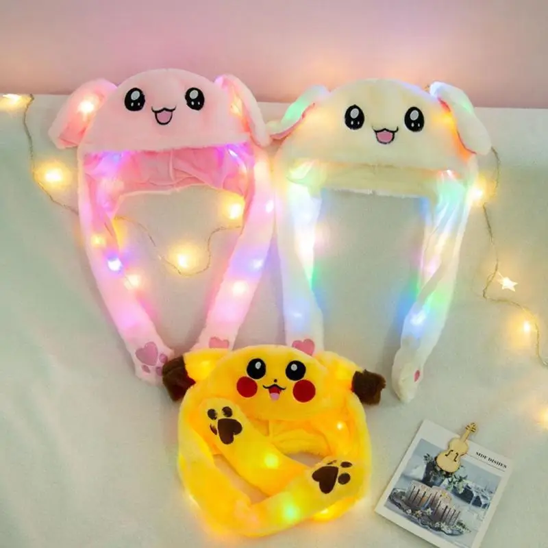 Plush Hat Toys Party Supplies Bunny Ear Move Glowing Hat Pikachu Anime Rabbit Led Light Jumping Funny Plush Ear Moving Cartoon Hat for Kids Cosplay Party Cap