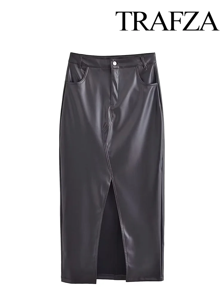 

Женская облегающая юбка средней длины из искусственной кожи с высокой талией и разрезом спереди