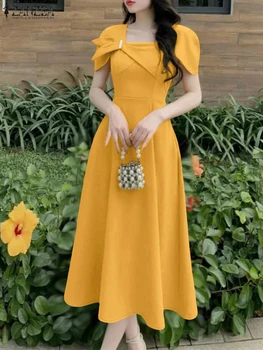 ZANZEA Donne Eleganti Chic Abiti A-Line Moda Estiva Collo Quadrato Manica Corta A Vita Alta Midi Robes Femme Ufficio Abiti