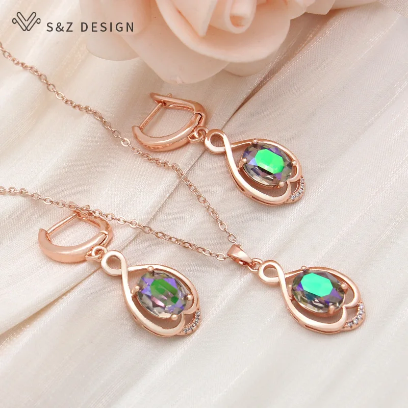 S&Z DESIGN New Fashion Egg Shape Oval Dangle Earrings Jewelry Sets For Women Cubic Zirconia 585 Rose Gold Color Pendant Necklace
