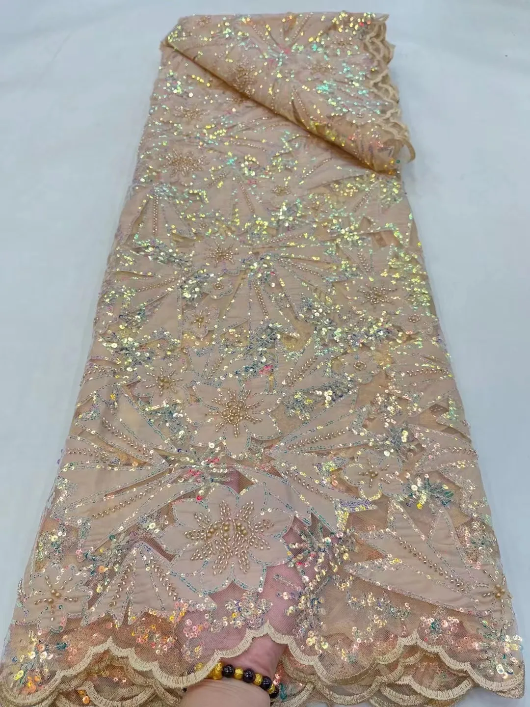 2023 5 Yards High Quality French Tulle Net Sequin Fabrics Luxury Handmade Beaded Lace Fabric