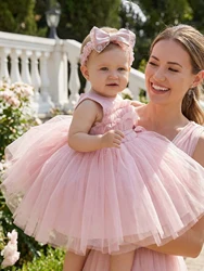 Elegant Pink Floral Baby Dress with Tulle & Matching Hairband - 18 - 24M (Pink)