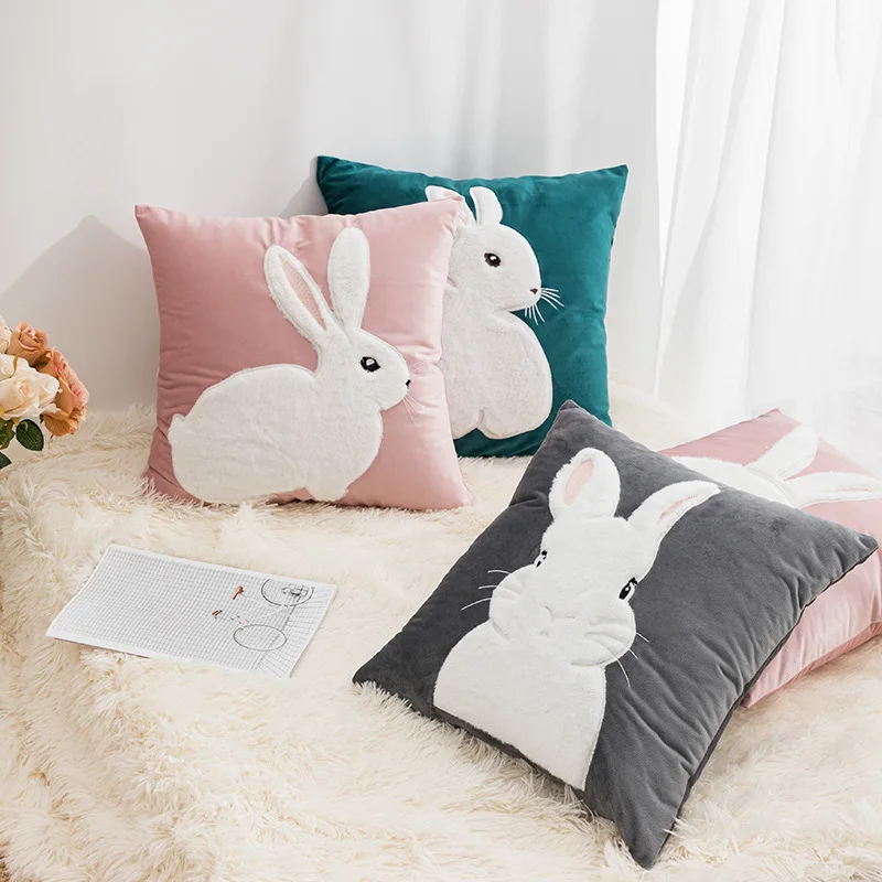 Ins Wind Cute Pink Rabbit Patch Embroidery Pillow Case, Hotel Sofa, Bedroom, Bedside, Car Cushion, Drop Shipping
