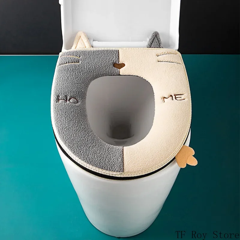 Universal Cartoon Cat Shape Toilet Mat with Handle Thicken Plush Toilet Seat Cover Mat Toilet Cushion Bathroom Aceesories 2